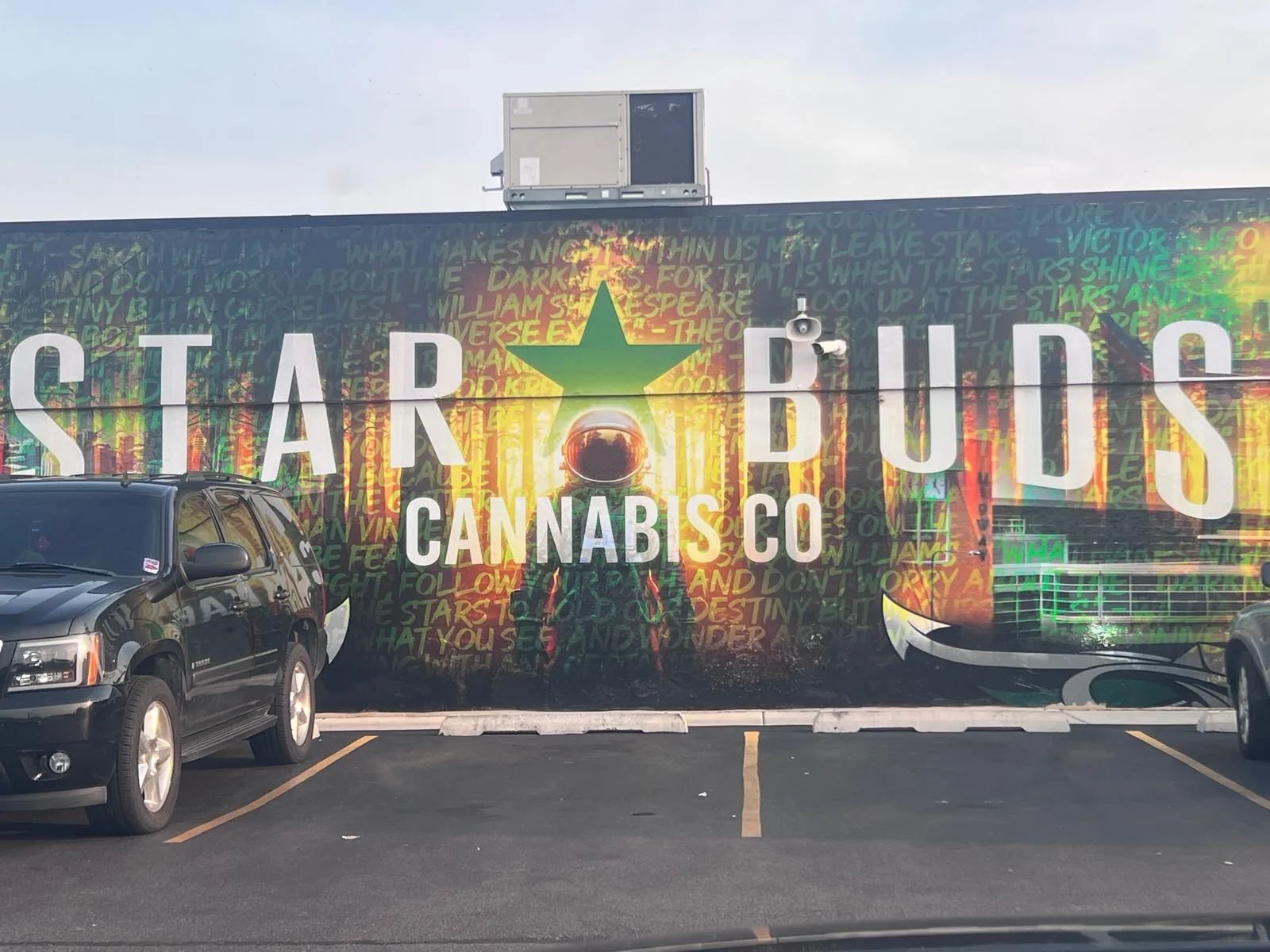 Star Buds Cannabis Co printed across the full width of a building wall in a camouflage-green graphic.
